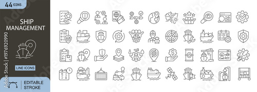 Ship management icons set representing vessel operations, cargo handling, navigation, crew management, maritime logistics, port operations and shipping control. Editable Stroke.