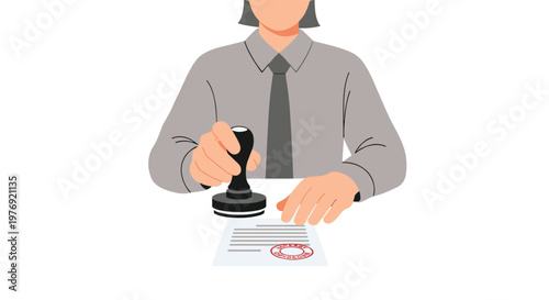 A person wearing a grey shirt and tie uses a stamp to mark a document, with a red circular stamp impression visible below on a clean white background.