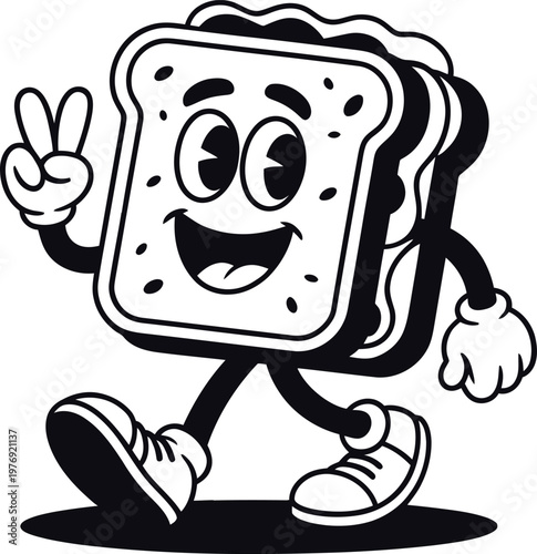 Cartoon sandwich character walking and making a peace sign gesture