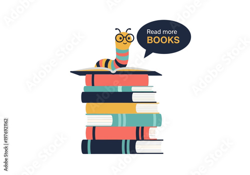 Cute Cartoon Bookworm Illustration with Glasses on a Stack of Books, Educational Literacy Concept with Read More Books Speech Bubble