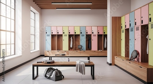 Modern Luxury Gym Locker Room Interior with Wooden Design