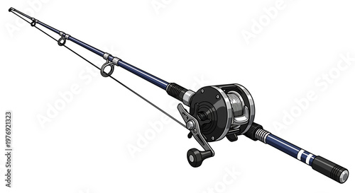 Detailed fishing rod with reel isolated on white background.