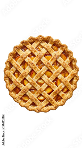 Whole baked peach pie with golden lattice crust isolated on clean white studio background top view
