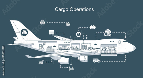 Detailed illustration of a cargo airplane showing internal operations and logistics.