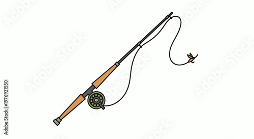 Detailed illustration of a classic fishing rod with reel and line.