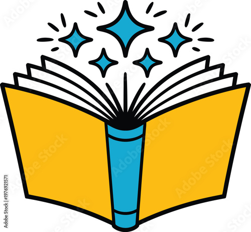 Open magical book with sparkles and glowing light, vector illustration of a fantasy spellbook