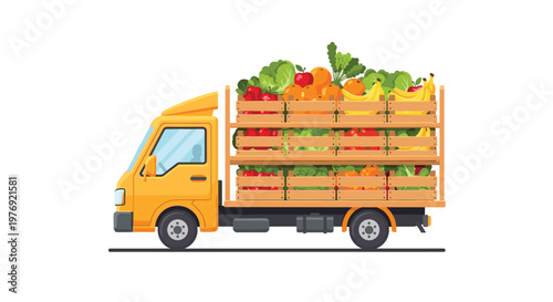 A yellow delivery truck is loaded with wooden crates filled with various fresh vegetables and fruits on a white background in a vibrant color palette.