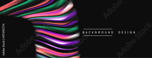 Abstract colorful waves form dynamic shape. Dark background emphasizes vibrant layers, creating modern visual effect.