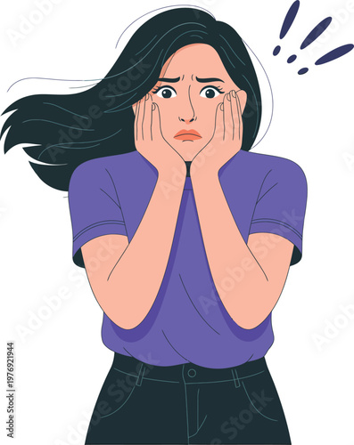 Shocked young woman with hands on her face, feeling surprised and anxious, vector illustration