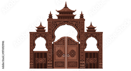 Ornate wooden gate featuring meticulous traditional carvings and arched side panels stands against a stark white background with rich brown color tones.