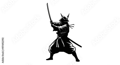 Silhouette of a Samurai warrior in traditional armor holding a katana sword in a combat stance