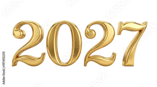 Isolated golden ornate year 2027 numbers on white background
