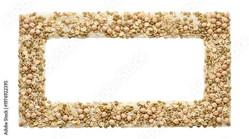 Assorted grains and legumes frame isolated on white background