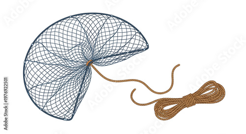 Detailed illustration of a fishing net with rope on white background.
