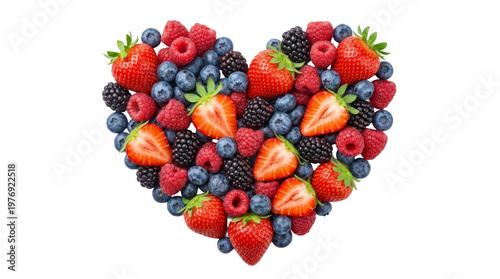 Mixed berries heart shape isolated on white background