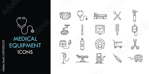 Medical equipment line icon set, outline web icon collection containing Stethoscope, Syringe, Mri and more, vector illustration in line style