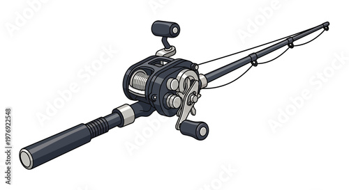 Detailed Illustration of a Fishing Rod and Reel for Angling.