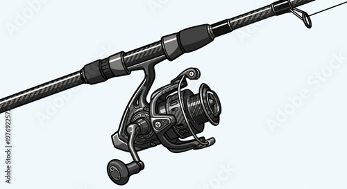 Detailed illustration of a fishing rod and reel, ready for angling.