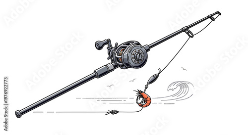Detailed Illustration of a Fishing Rod with Reel and Lure.