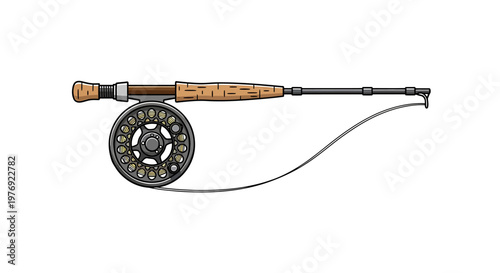 Detailed Illustration of a Fly Fishing Rod and Reel.
