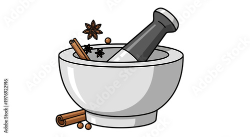 Detailed illustration of a mortar and pestle with spices.