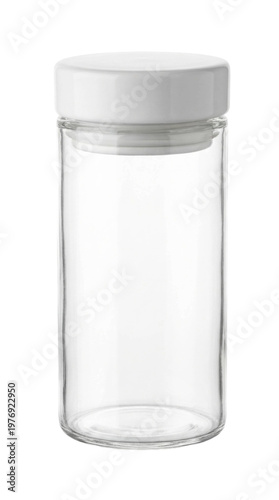 Empty glass jar with white lid isolated on white