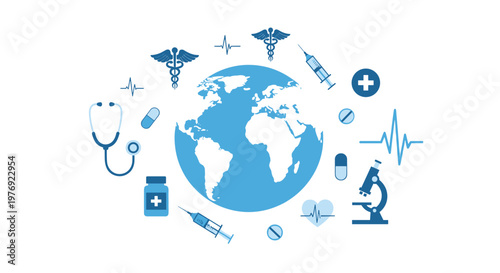 A monochromatic blue globe is encircled by a precise arrangement of medical symbols like caduceus and microscopes on a clean, minimalist white background.