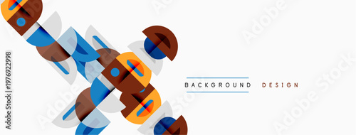 Abstract geometric shapes overlap, creating dynamic composition. Light background enhances colorful elements. Modern design aesthetic.