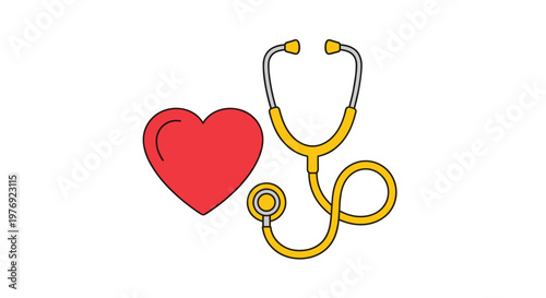 A simple, bold yellow stethoscope is positioned next to a vibrant red heart icon on a clean white background surface for a modern medical presentation.
