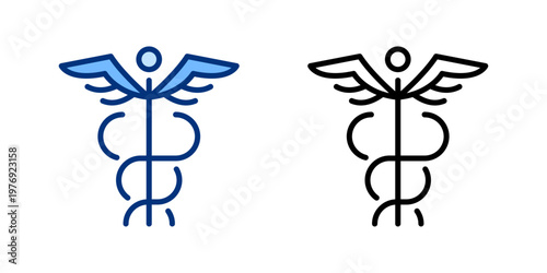 Caduceus medical thin line, solid icon set. Snake symbol. Medicine, Hospital, Health, Healthcare concept. Blue black outline icons.