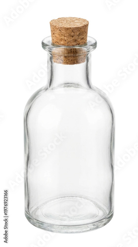 Clear empty glass bottle with cork stopper isolated on white
