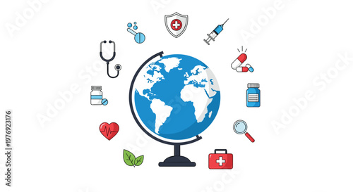 A detailed globe on a stand is surrounded by various medical and health-related icons in a flat, colorful vector illustration style on white background.