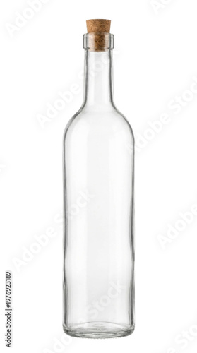 Isolated empty clear glass bottle with cork on white