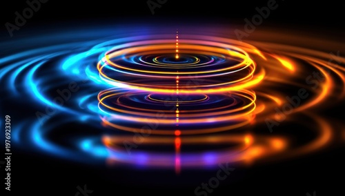 Abstract glowing neon rings creating ripples on a dark reflective surface