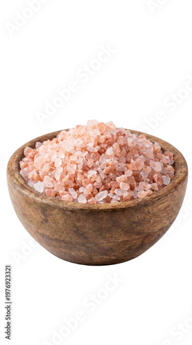 Pink rock salt isolated in a wooden bowl white background