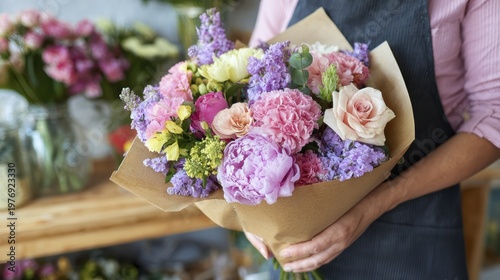 Florist holding a beautiful bouquet of colorful fresh flowers in a shop setting