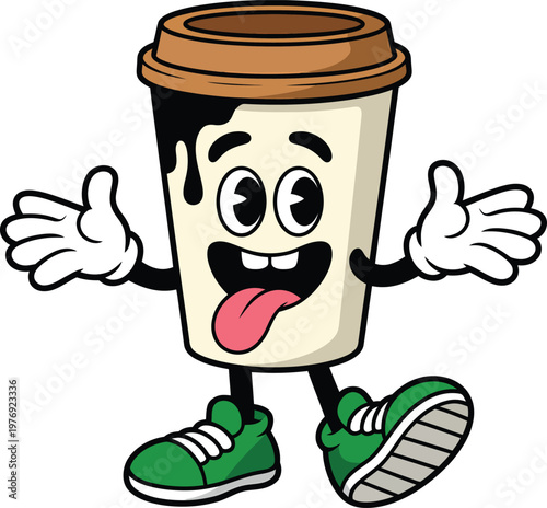 Cartoon coffee cup character with a silly expression, sticking out its tongue and wearing green sneakers, vector illustration