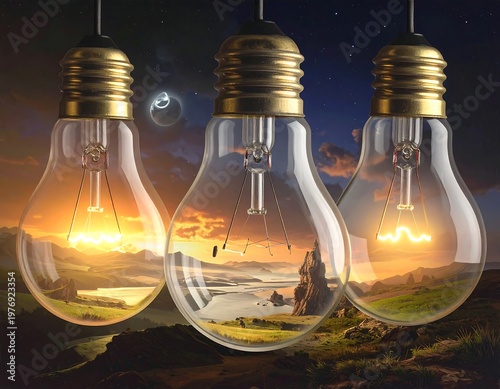 Three lightbulbs with scenic landscapes inside against a sunset background
