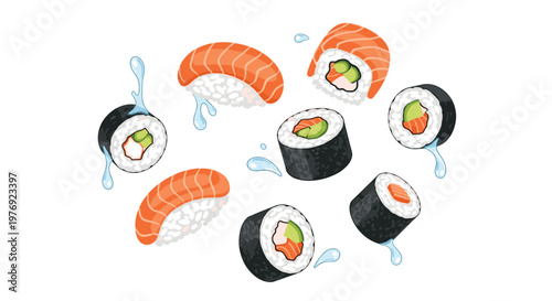 Floating sushi rolls and salmon nigiri pieces are depicted with delicate water droplets in a dynamic, scattered arrangement on a clean white background.