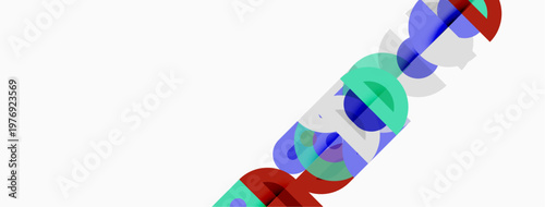 Abstract colorful design features overlapping letterforms. Gradient hues create dynamic visual effect. Minimalist composition, white background.