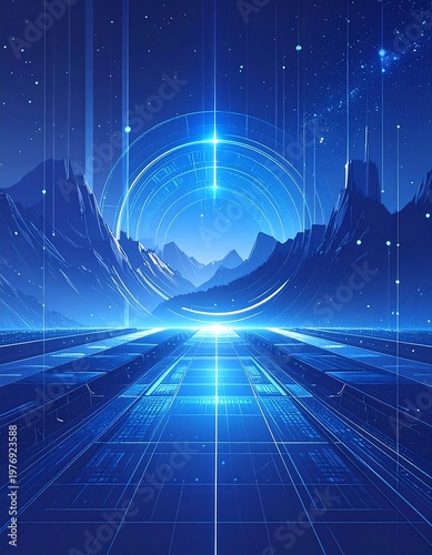 A digital landscape depicts a futuristic city with mountain ranges, a glowing circle, and a starry night sky
