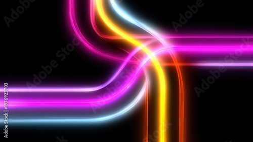 Vibrant neon light trails curve and intersect against a dark background