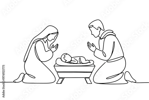 A simple line drawing of Mary and Joseph praying over baby Jesus in a manger