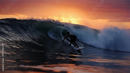 Surfer riding ocean wave at vibrant golden sunset