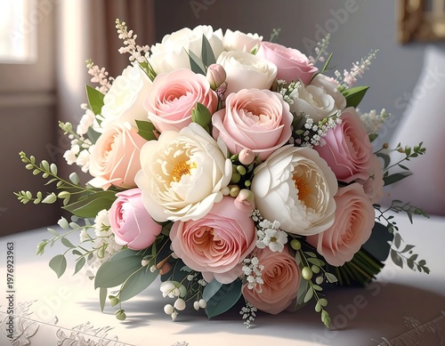 A close-up image displays a lush, elegant bouquet featuring various roses and delicate greenery on a textured white surface