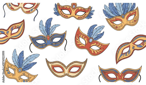 Groovy retro Venetian masquerade masks vector cartoon carnival party decoration collection