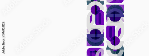 Abstract geometric shapes, purple hues, white background. Minimalist design, modern aesthetic, repeating patterns present.