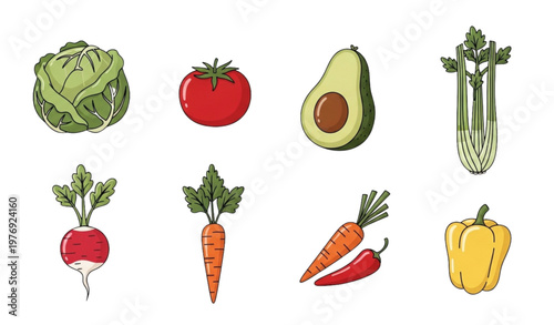 Hand drawn vegetable doodle vector set cabbage tomato avocado carrot farm food illustration