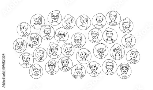 Doodle people avatar portraits vector collection diverse smiling outline faces