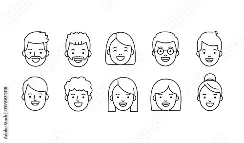 Minimal doodle people avatars vector set happy diverse outline profile portraits